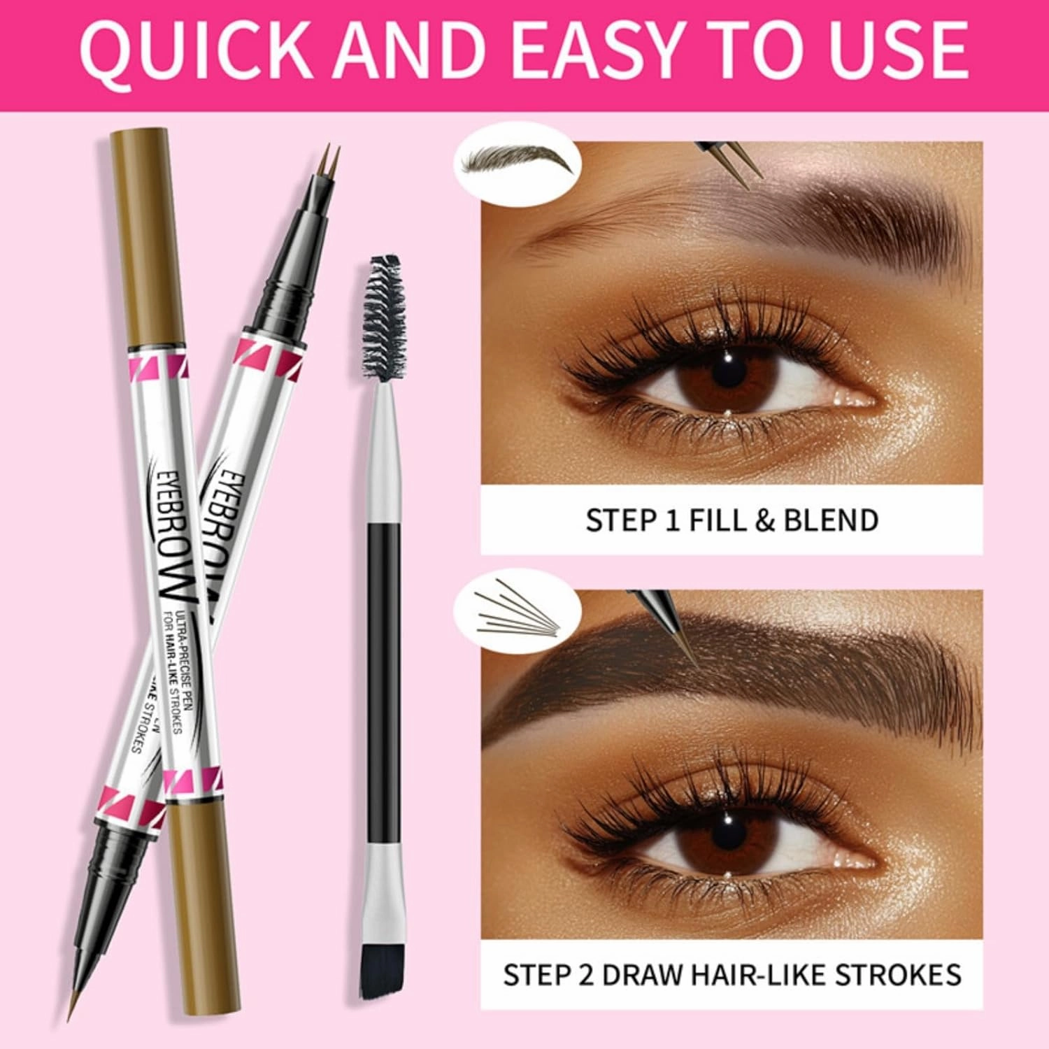2-in-1 Dual-Ended Microblading Eyebrow Pen and Eyeliner Curved Eyebrow Pen Pencil 3D Waterproof Eyebrow Pen with Micro Fork Tip and Precise Brush Tip Create Natural Hair Like Brows (01# Light Brown)