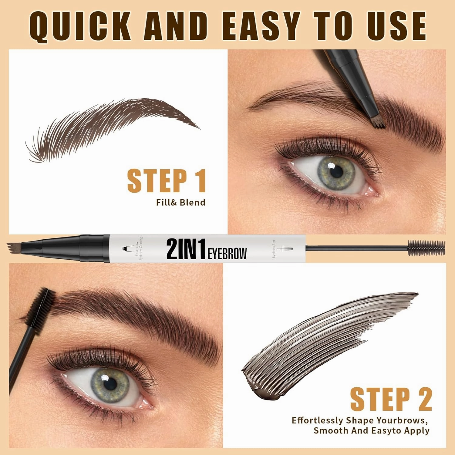 2-in-1 Eyebrow Pencil with Gel, 2025 New 3D Microblading Eyebrow Pen with 4 Tip & Eyebrow Brush, Waterproof Magic Eyebrow Pencil Makeup Long-Lasting Eyebrow Pen (Light brown)