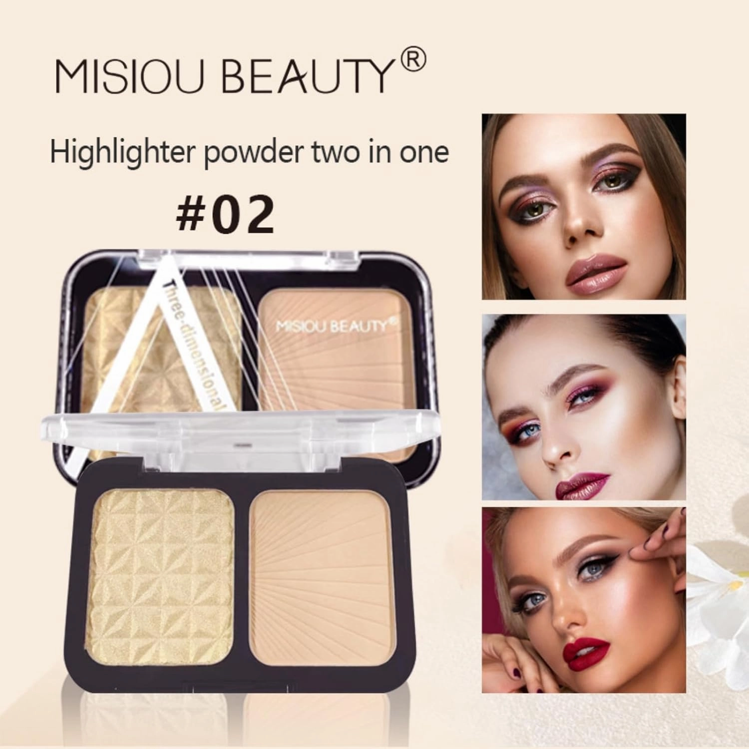 2-in-1 Highlight & Contour Palette - Waterproof, Oil-Control Baked Powder, 16H Radiant Finish (#02)