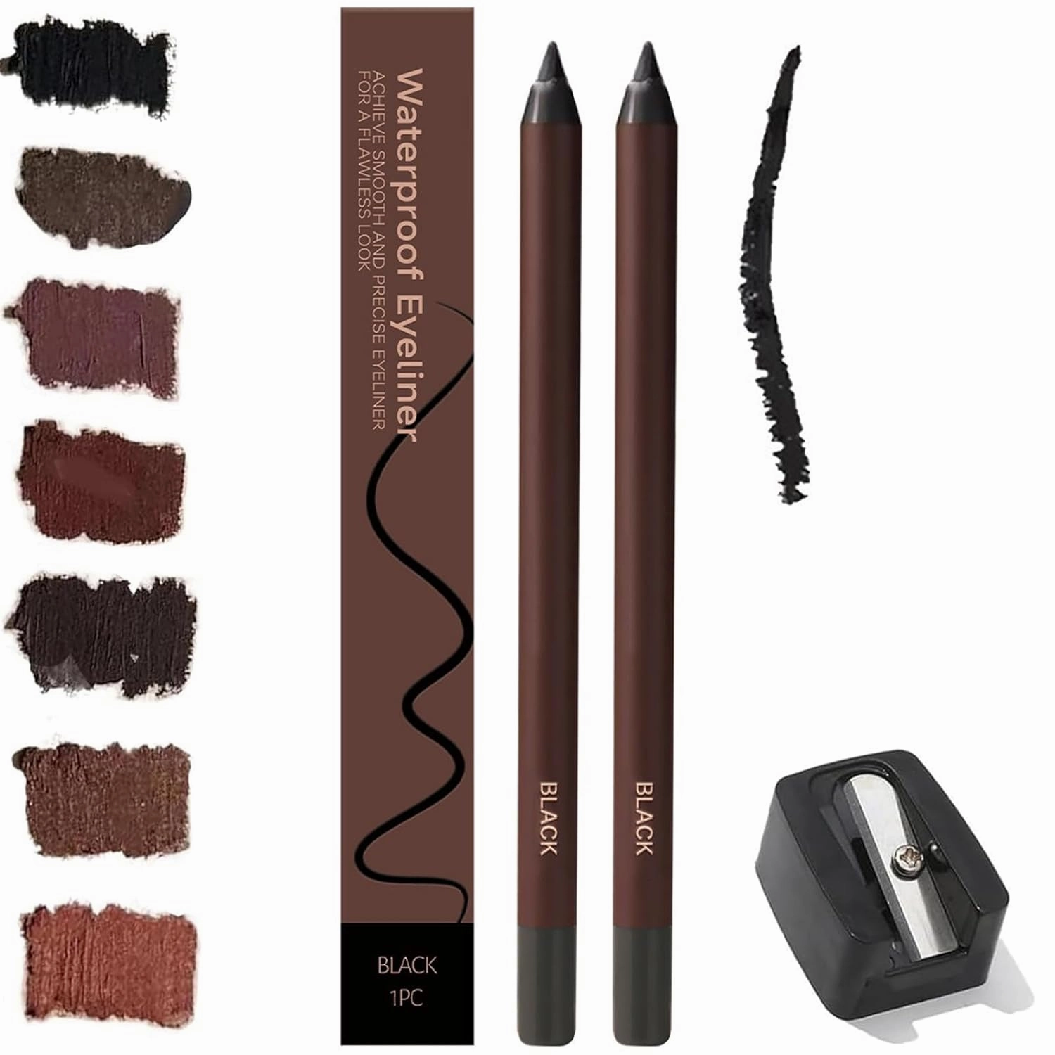 2 Pack 24 HR Waterproof Eyeliner Duo Sharpenable Eye Pencil with Sharpener, 2025 New Plum Eyeliner for Green/Blue/Brown Eyes, No Smudging, Fading, Smooth and Easy to Color, for Older Women (Black)