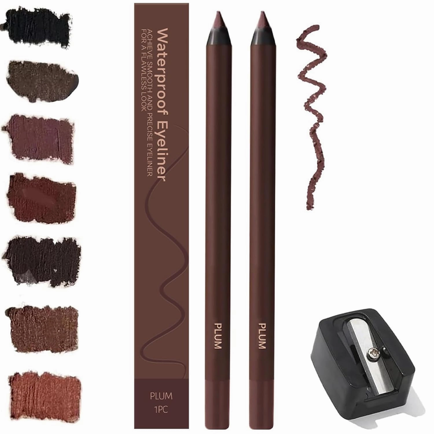 2 Pack 24 HR Waterproof Eyeliner Duo Sharpenable Eye Pencil with Sharpener, 2025 New Plum Eyeliner for Green/Blue/Brown Eyes, No Smudging, Fading, Smooth and Easy to Color, for Older Women (Plum)