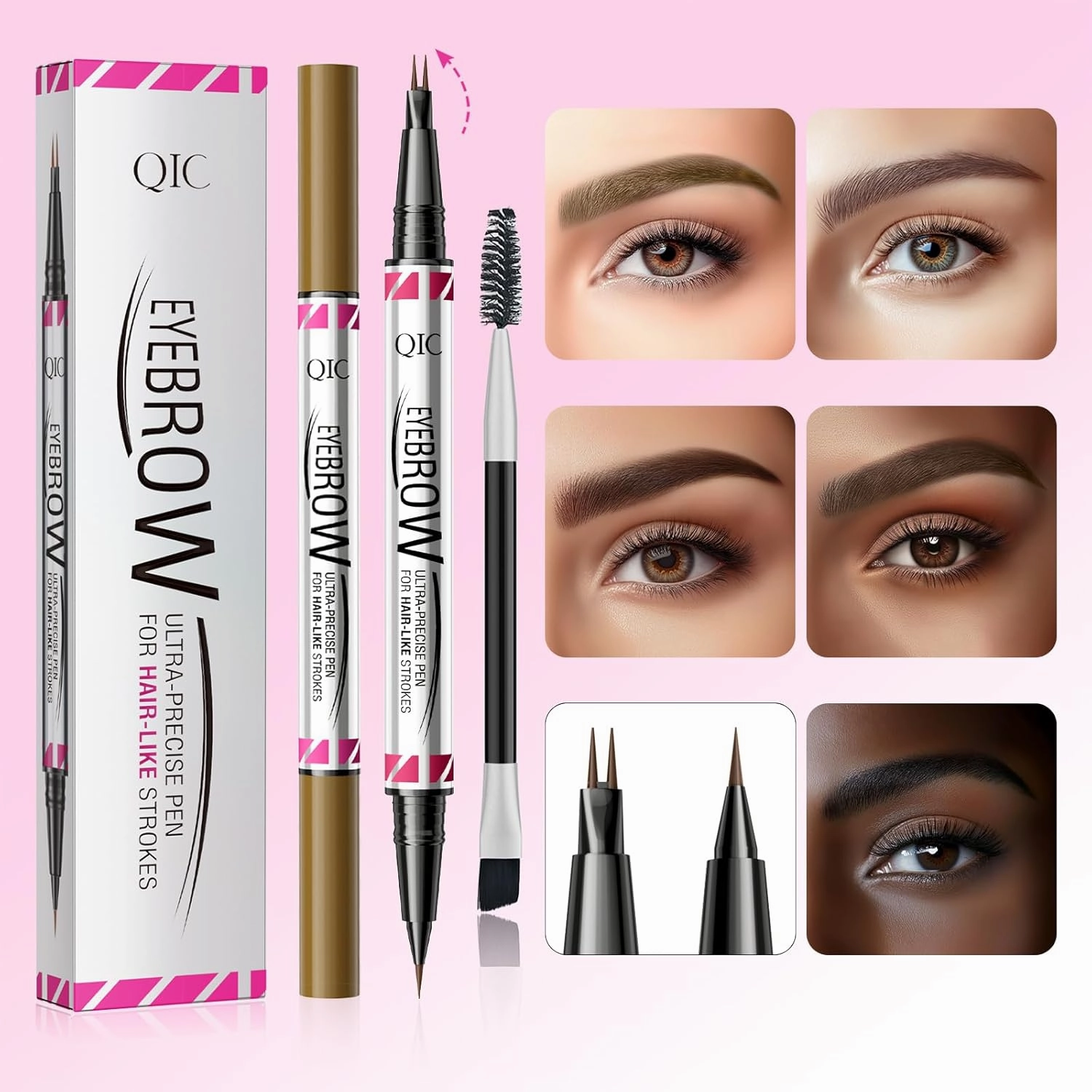 2 Pack Microblading Eyebrow Pencils for Women,2-in-1 Dual-Ended Eye Brow Pen with 2-Fork-Tip and Precise Brush-Tip, Waterproof Long Lasting Eyebrow Pen for Natural Hair-Like Brows(Dark Brown*2)