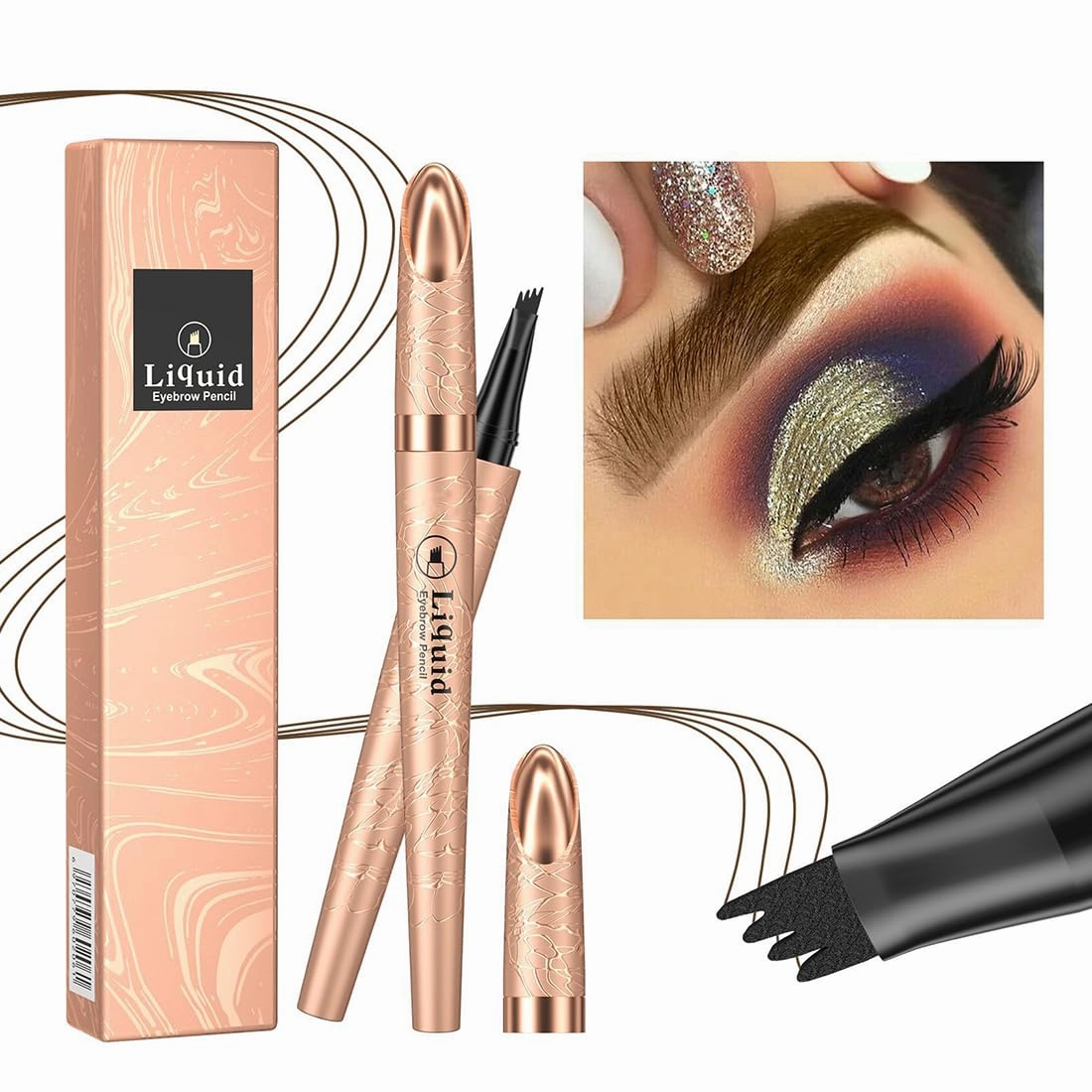 2 PCS 3D Premium Smudge Proof 4 Fork Tip Eyebrow Pencil Hairline Filler Dark Brown Black Micro-Blade Eyebrow Pen Light Red Brown Color Blonde Makeup Tool(Light Brown)