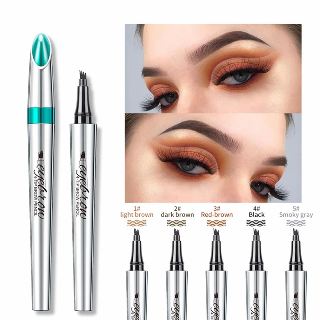 2 PCS 3D Premium Smudge Proof 4 Fork Tip Eyebrow Pencil Hairline Filler Dark Brown Black Micro-Blade Eyebrow Pen Light Red Brown Color Blonde Makeup Tool(Light Brown)