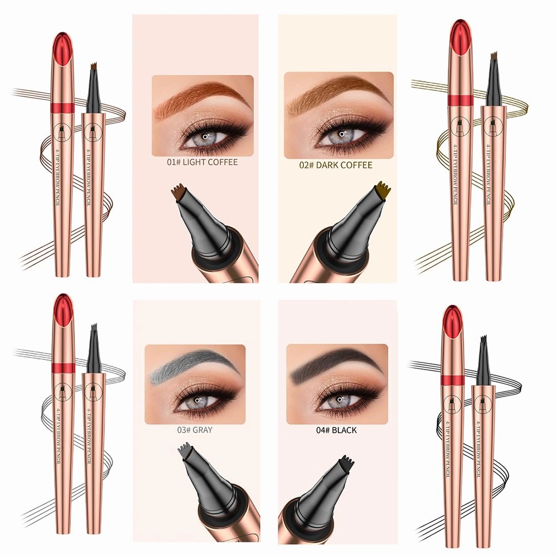 2 PCS 4 Prong Micro Blading Liquid Eyebrow Pencil Waterproof Black Light Brown Dark Brown Blonde Tattoo Eyebrows Makeup Tool Hairline Filler(Light Coffee)