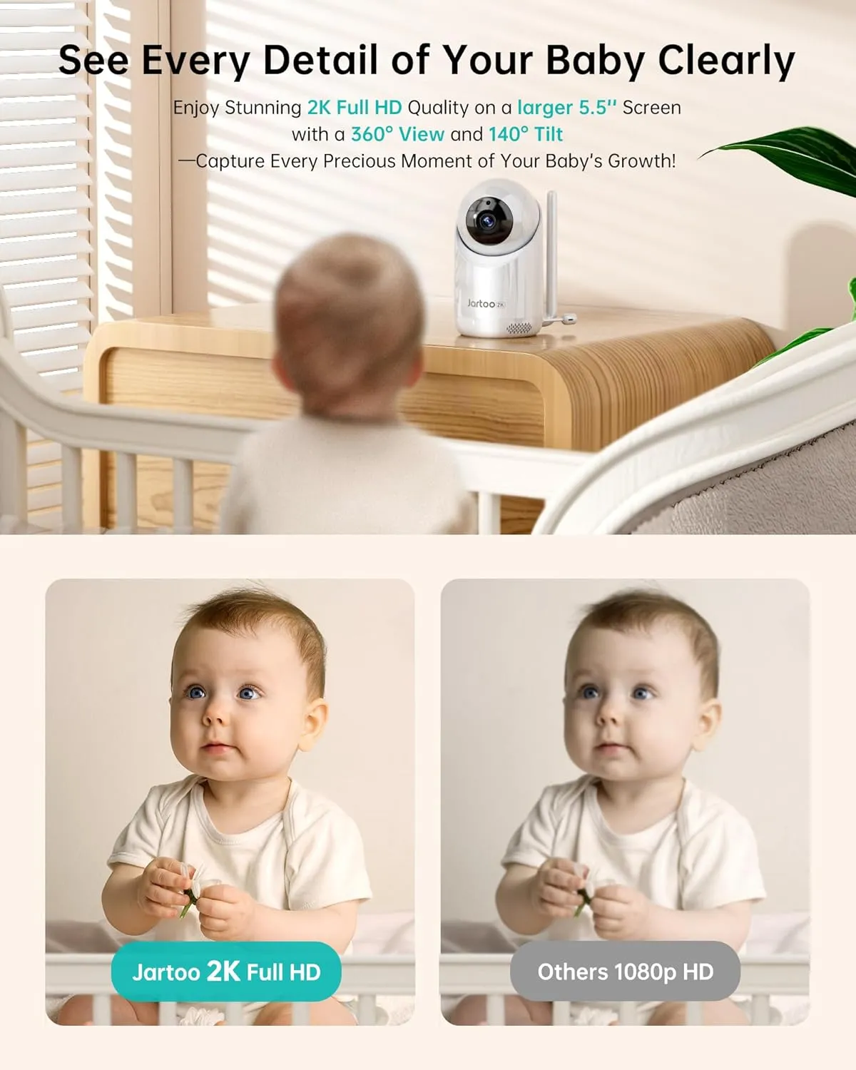 2K Video Baby Monitor with Camera and Audio, 3000ft Long Range Baby Monitor No WiFi 5.5" FHD Screen ANC Baby Camera Wireless, Room, Portable, Night Vision, 2-Way Talk, AI Cry Detect, 6000mAh