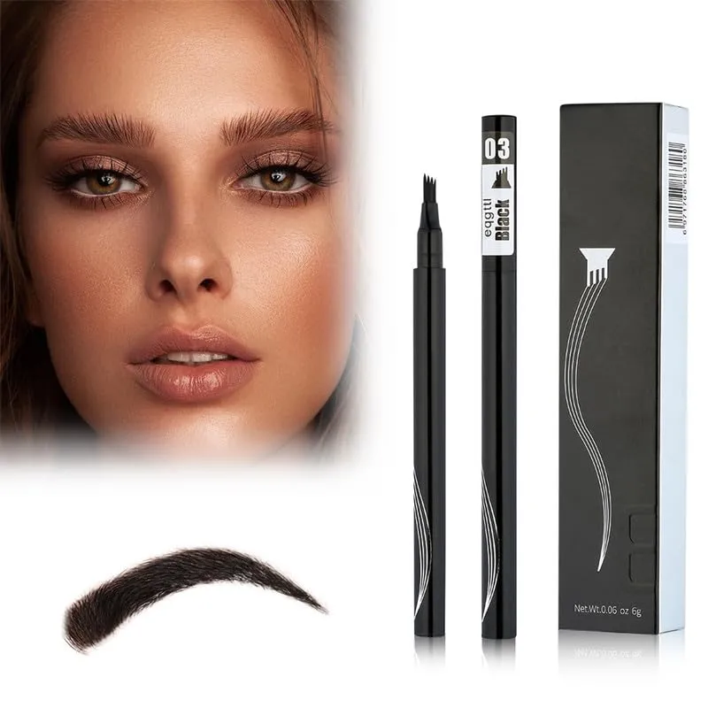 2PCS Eyebrow Microblading Pen, 2024 New 3D Waterproof Microblading Eyebrow Pencil Contouring Pen, 4 Fork Tip Magic Eyebrow Pencil, Microblading Eyebrow Pen for Natural Makeup All Day(#3-Black)