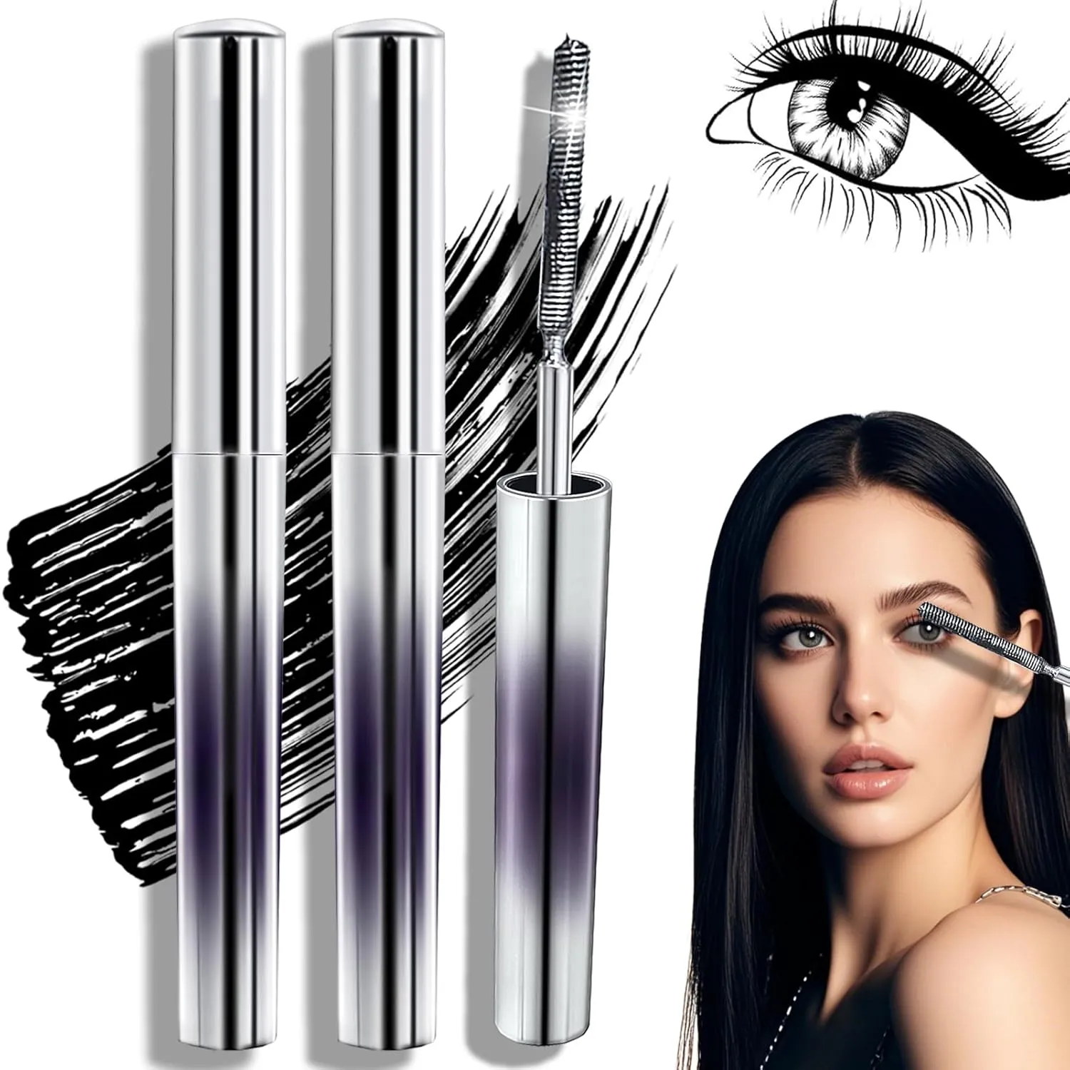 2PCS Judy Mascara Iron Wand Mascara Black Washable Metal Mascara Volumizing Mascara Waterproof Sweatproof Natural Mascara Formaldehyde-Free, Long-Lasting Smudge-Proof Cosmetics