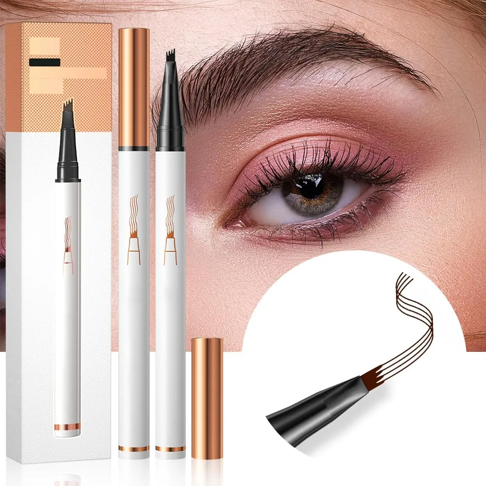 2PCS Waterproof Magic Eyebrow Pencil, 3D Microblading Eyebrow Pencil 4 Tipped Brown Pen, Eye Brown Makeup Long-Lasting Eyebrow Pen Stay on All Day (Black)