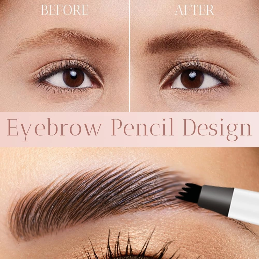 2Pcs 3D Waterproof Magic Microblading Eyebrow Pen, Natural Makeup Fine Stroke Eyebrow Pencil, 4 Tip Eyebrow Makeup Long-Lasting Eyebrow Pencil for Make Up Last All Day (Gray)