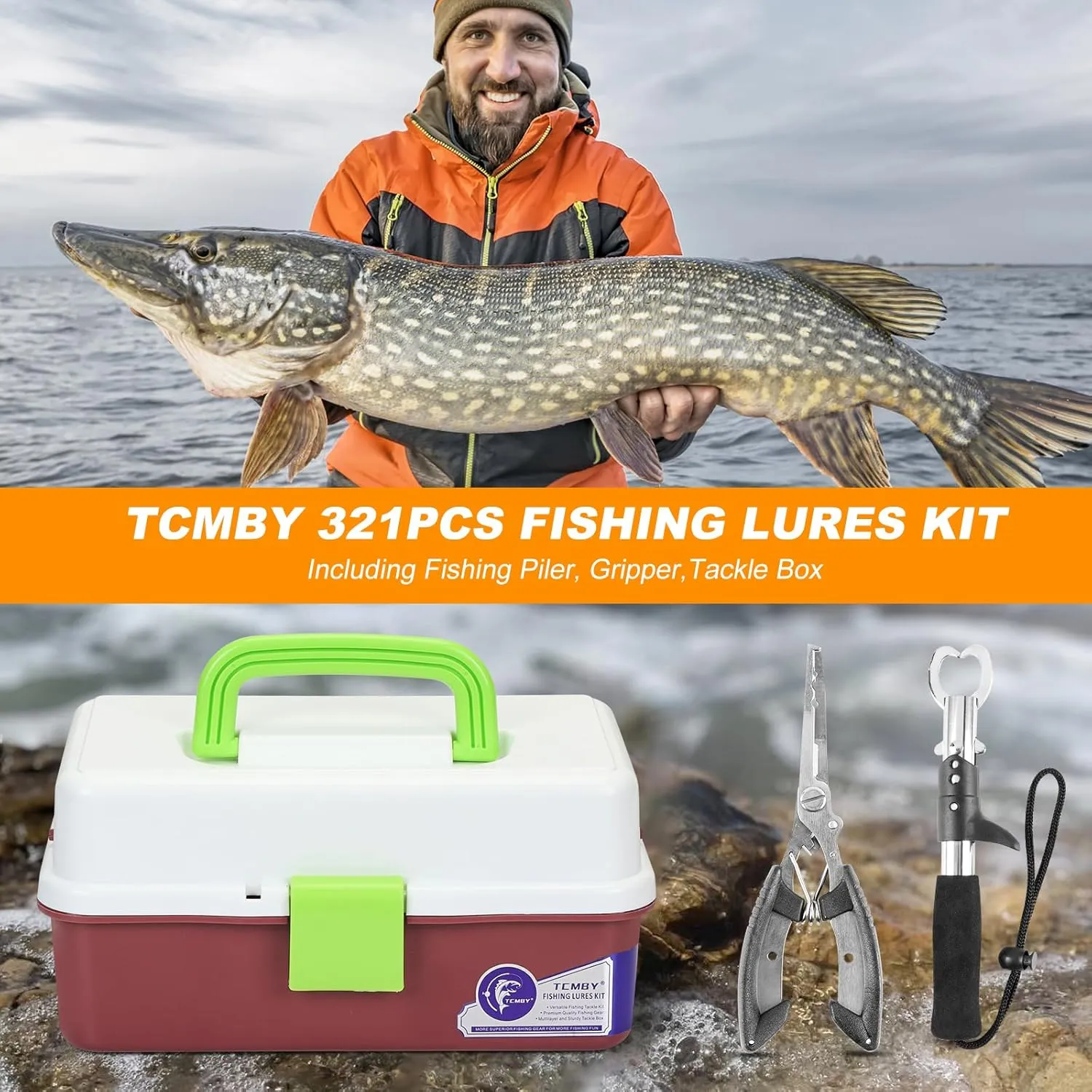 3 Layers Tackle Box with Tackle Included, 321Pcs Fishing Lures Kit Contains Pliers, Crankbait, Hooks, Weights & Accessories, Fishing Gear Bait Lure Gifts for Men Bass Freshwater (White Brown)