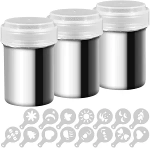 3 Pack Stainless Steel Powder Shaker, Suger Shakers Coffee Cocoa Dredges with Fine-Mesh Lid, AIFUDA Power Can For Cooking Home Restaurant with 16 Pcs Printing Molds Stencils