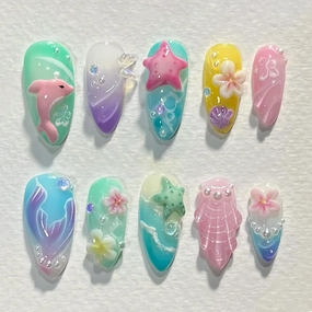 30 Pcs Handmade Press on Nails Short Almond Nail Tips,YEFIUO Summer Fake Nails Press ons Glue on Nails Acrylic Nail Art Kit Full Cover Reusable False Nails with Dolphin Flowers Heart Design for Ma'am