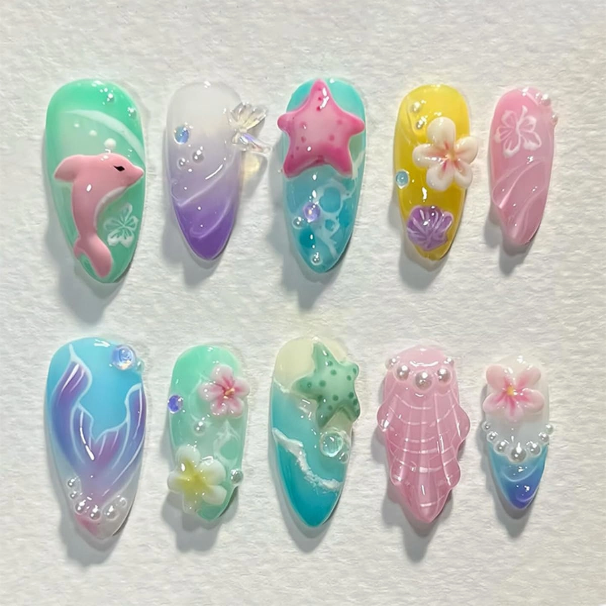 30 Pcs Handmade Press on Nails Short Almond Nail Tips,YEFIUO Summer Fake Nails Press ons Glue on Nails Acrylic Nail Art Kit Full Cover Reusable False Nails with Dolphin Flowers Heart Design for Ma'am