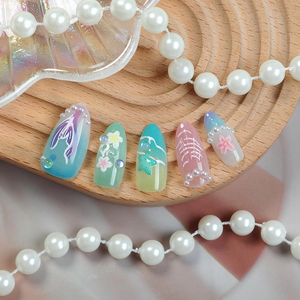 30 Pcs Handmade Press on Nails Short Almond Nail Tips,YEFIUO Summer Fake Nails Press ons Glue on Nails Acrylic Nail Art Kit Full Cover Reusable False Nails with Dolphin Flowers Heart Design for Ma'am