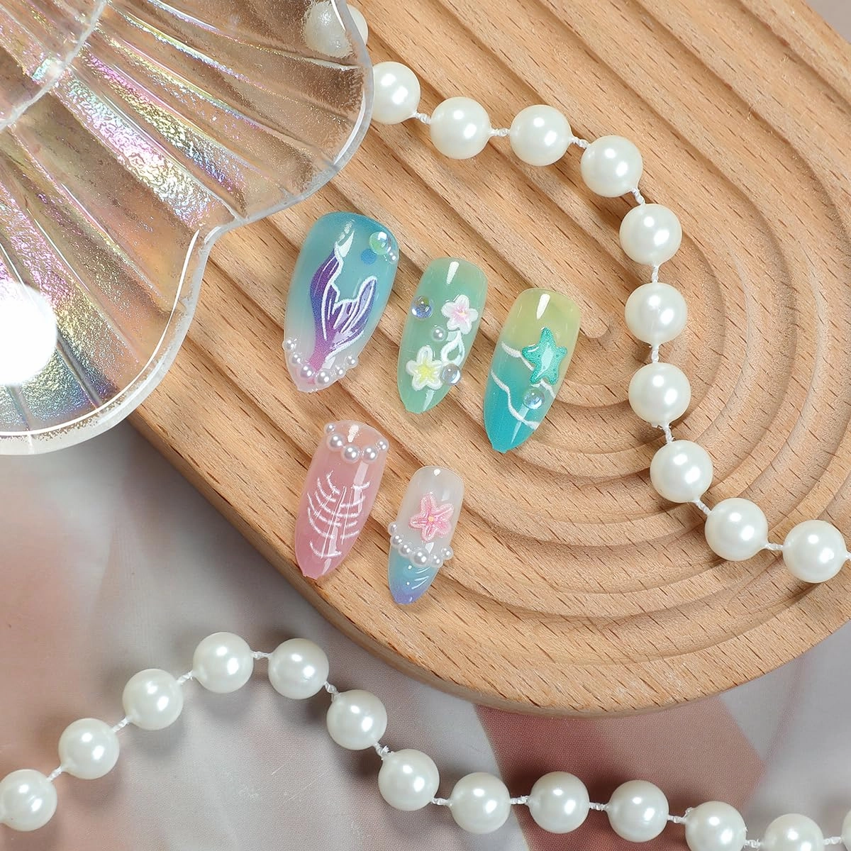 30 Pcs Handmade Press on Nails Short Almond Nail Tips,YEFIUO Summer Fake Nails Press ons Glue on Nails Acrylic Nail Art Kit Full Cover Reusable False Nails with Dolphin Flowers Heart Design for Ma'am