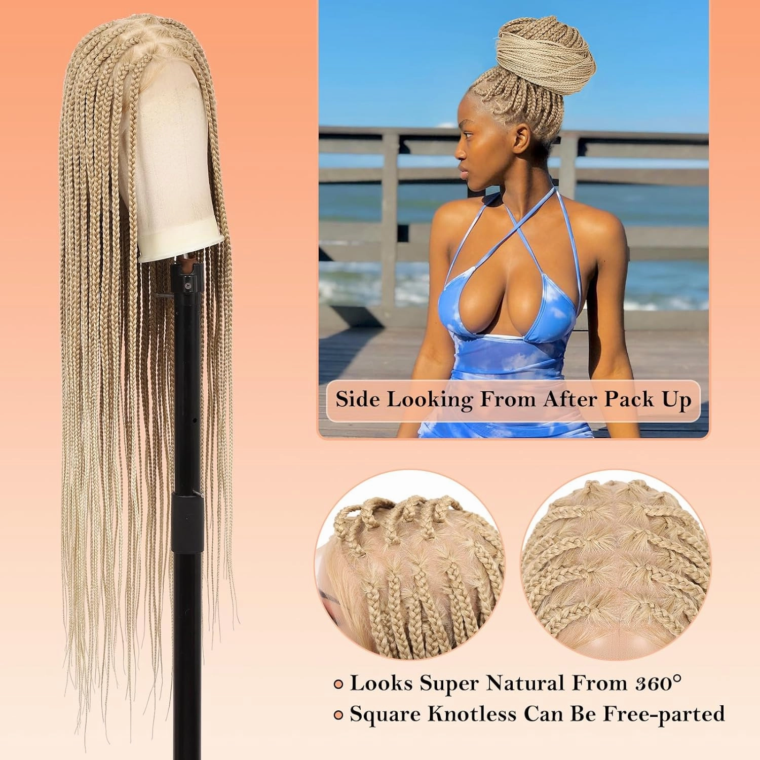 360° HD Full Lace Knotless Braided Wigs for Women Box Braid Wig with Baby Hair Braided Lace Front Wigs Premium Synthetic Braids Wig Long Blonde 36"