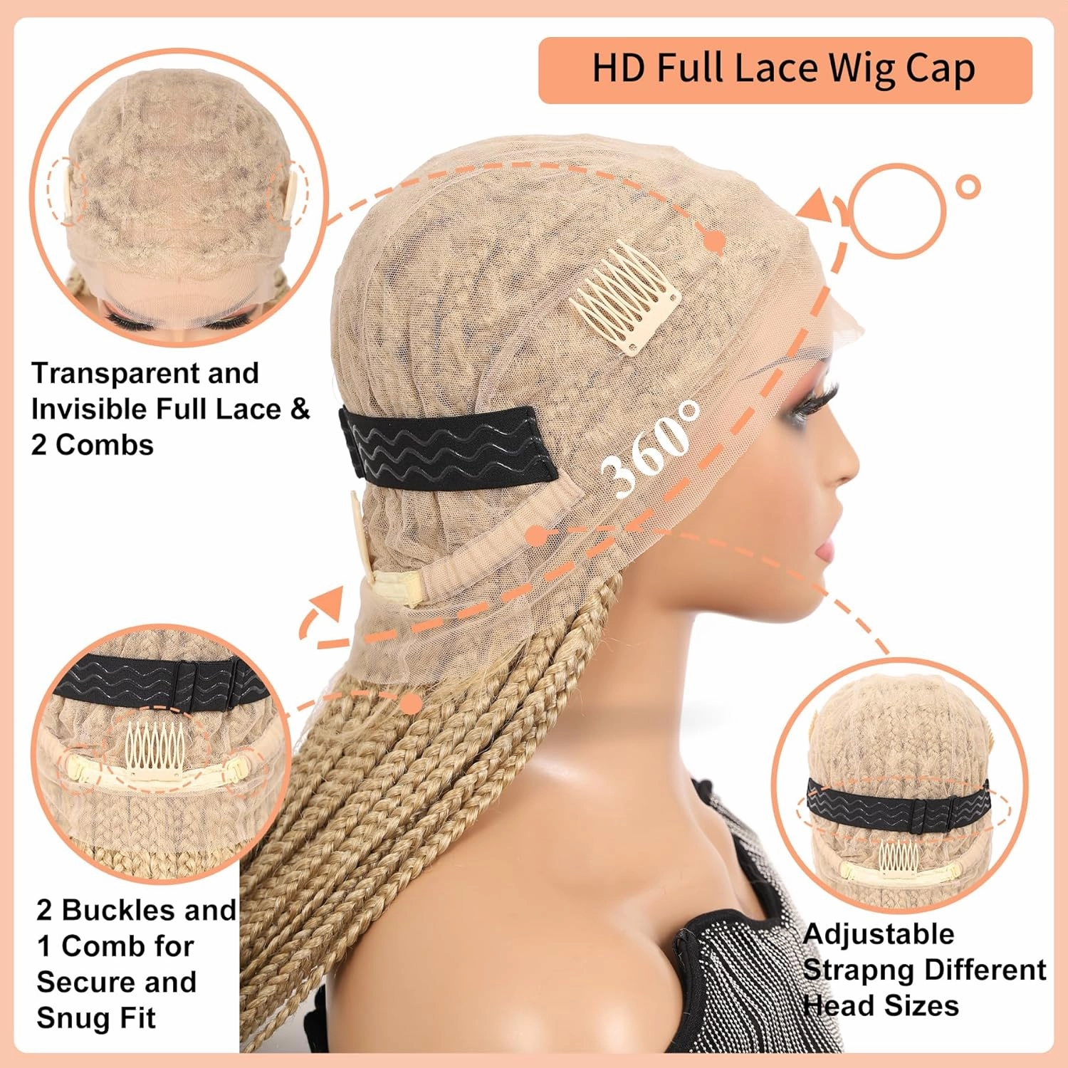 360° HD Full Lace Knotless Braided Wigs for Women Box Braid Wig with Baby Hair Braided Lace Front Wigs Premium Synthetic Braids Wig Long Blonde 36"