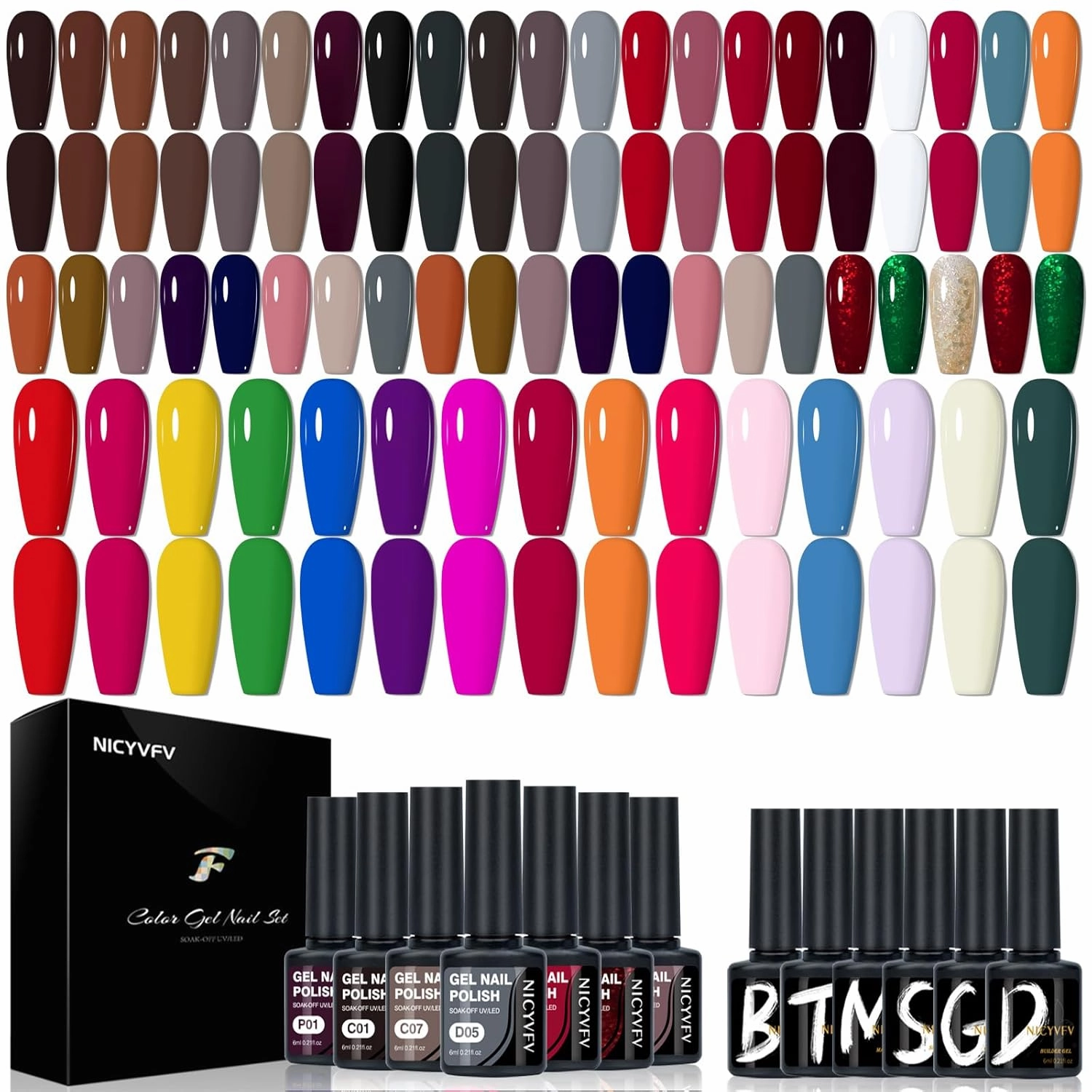 38 PCS and 20 PCS Gel Nail Set, Dark Red Brown Grey 32 Colors and Neon Pastel Bright Shades 15 Colors Gel Polish Set, Women Nail Art Kit
