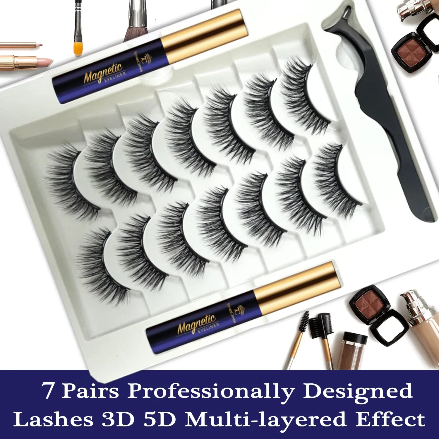 3D Magnetic Eyelashes with Eyeliner Kit,Cat-Eye Magnetic Lashes,False Eyelashes with Applicator,Reusable Magnet Lash Set,Natural Look,Easy,Cruelty-Free.7 Pairs
