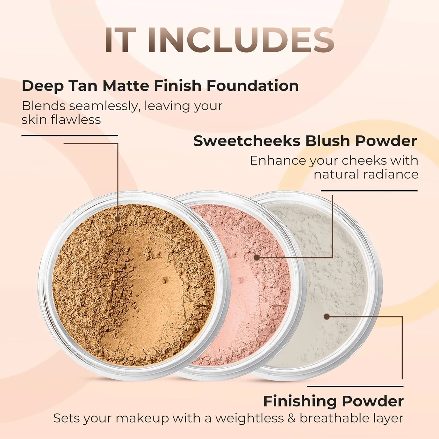 3pc FULL SIZE KIT (DEEP TAN) Mineral Makeup Foundation Set Sheer Powder Bare Face Matte Cover