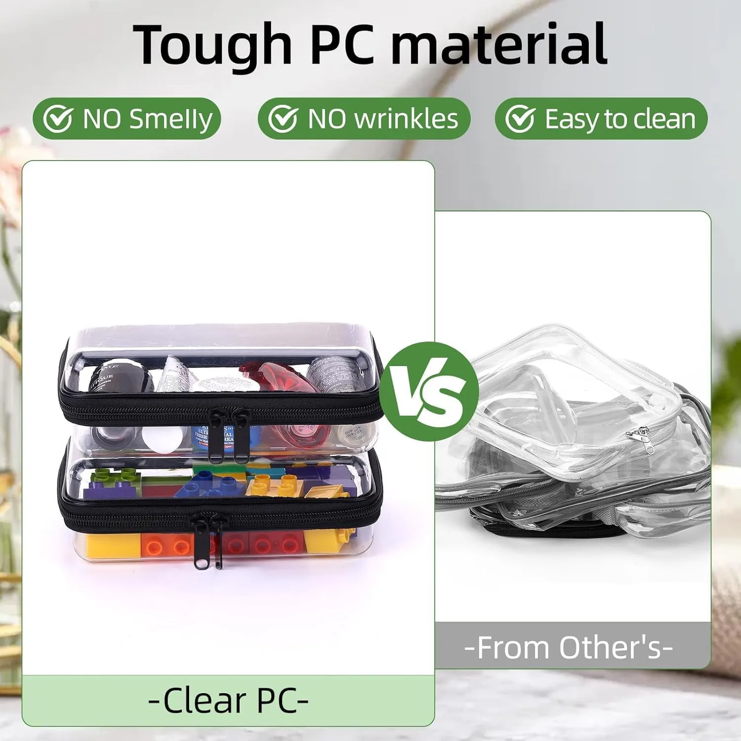 3PCS Clear Zipper Cases, Portable Clear Organizer Pouches for Travel, Double Zippered Hard Shell Plastic Case, Cosmetic Bag for Make Up Tools, Toiletries, Toy Storage (Black, 2 Pack)