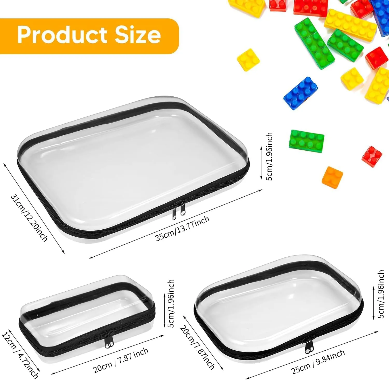 3PCS Clear Zipper Cases, Portable Clear Organizer Pouches for Travel, Double Zippered Hard Shell Plastic Case, Cosmetic Bag for Make Up Tools, Toiletries, Toy Storage (Black, 2 Pack)