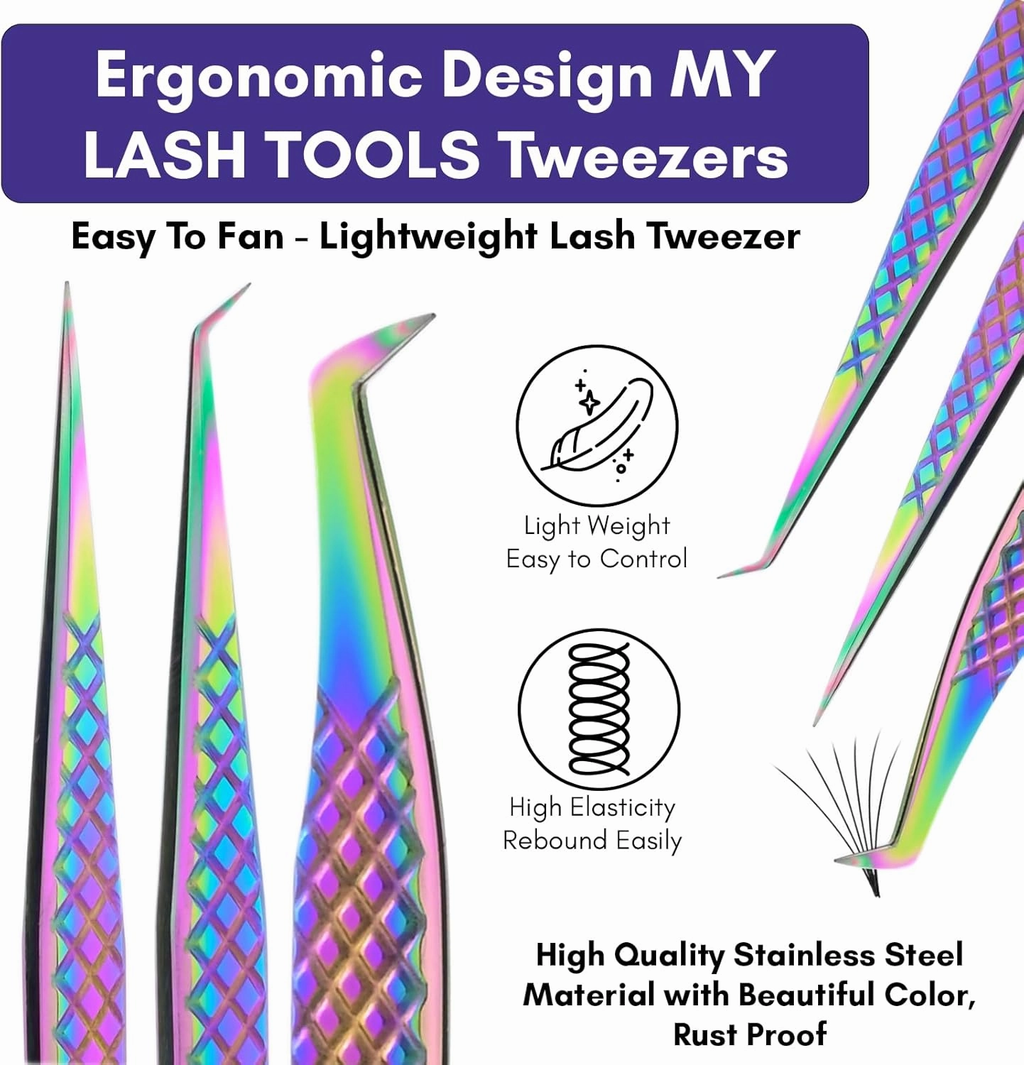 3pcs Fiber Tip Lash Tweezer Set – Boot Volume Eyelash Tweezer, Curved & Straight Isolation Tweezers for Eyelash Extensions, Stainless Steel, Non Slip Grip