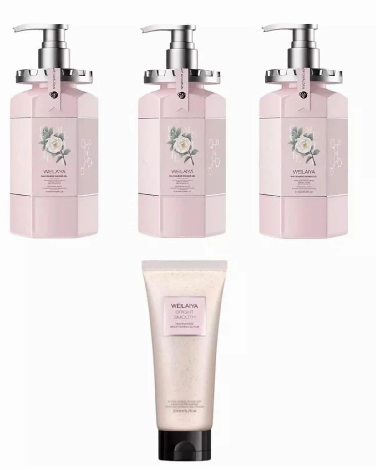 3X Weilaiya Camellia Flower Extract Niacinamine Shower Gel 450mL each Free Weilaiya Pecan Niacinamine Bright Smooth Body Scrub 200mL