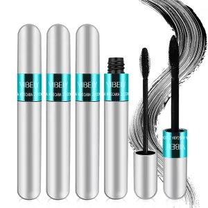 4 Pack VIBELY Mascara 5x Longer Washable, 2 in 1 4D Silk Fiber Lash Mascara, Natural Lengthening and Thickening, No Clumping, Long-lasting