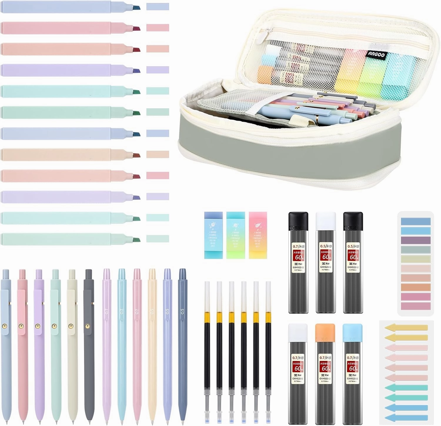 42PCS Aesthetic School Supplies with Large Pencil Case, 12 Pastel Highlighters,6 Black Ink Gel Pens,6 Cute Mechanical Pencils Set 0.5 & 0.7 mm for Students Stationary College Essentials