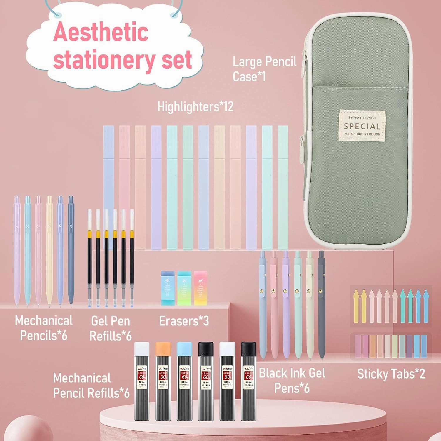 42PCS Aesthetic School Supplies with Large Pencil Case, 12 Pastel Highlighters,6 Black Ink Gel Pens,6 Cute Mechanical Pencils Set 0.5 & 0.7 mm for Students Stationary College Essentials