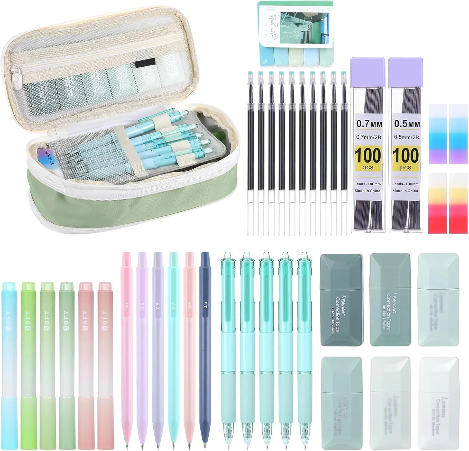 45PCS Aesthetic Office Supplies with Cute Pen Case Sticky Notes 5 Black Ink Gel Pens 10 Refills, 6 Pastel Highlighters, 6 Correction Tapes, 6 Mechanical Pencils 0.5 & 0.7 mm Set, 4 Eraser