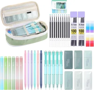 45PCS Aesthetic Office Supplies with Cute Pen Case Sticky Notes 5 Black Ink Gel Pens 10 Refills, 6 Pastel Highlighters, 6 Correction Tapes, 6 Mechanical Pencils 0.5 & 0.7 mm Set, 4 Eraser