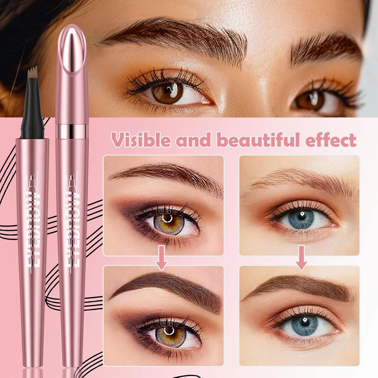 4D Four-Tip Eyebrow Pen - Waterproof, Long-Lasting, Smudge-Proof, Easy to Use for Perfect Brows and Defined Eyes - Dark Brown Eyebrow Pencil
