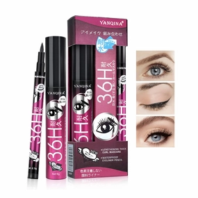 4D Silk Fiber Mascara and Eyeliner 2pcs/Set Waterproof Liquid Eyeliner Black Thickening Lengthening Mascara Quick Drying Long Lasting Eye Liner Pencil Cosmetic Kit for Women Girls Eyes Makeup