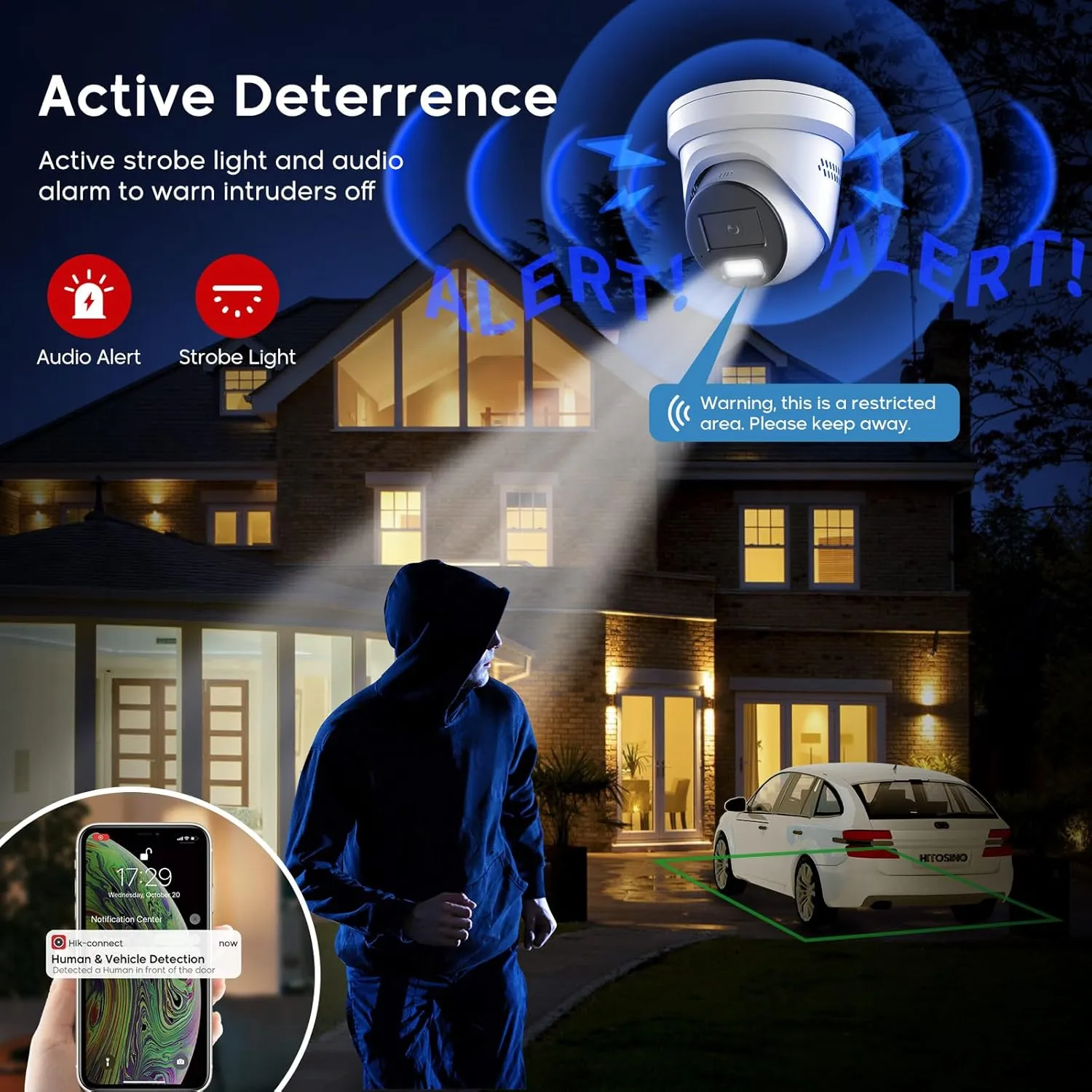 4MP Full Color Turret PoE IP Camera Outdoor, Strobe Light&Audible Warning, 24/7 Colorful Imaging, VCA, Human/Vehicle Detection, 2-Way Audio, F1.0 Aperture, 130dB WDR, 2.8mm Lens, Hik-Connect/iVMS-4200