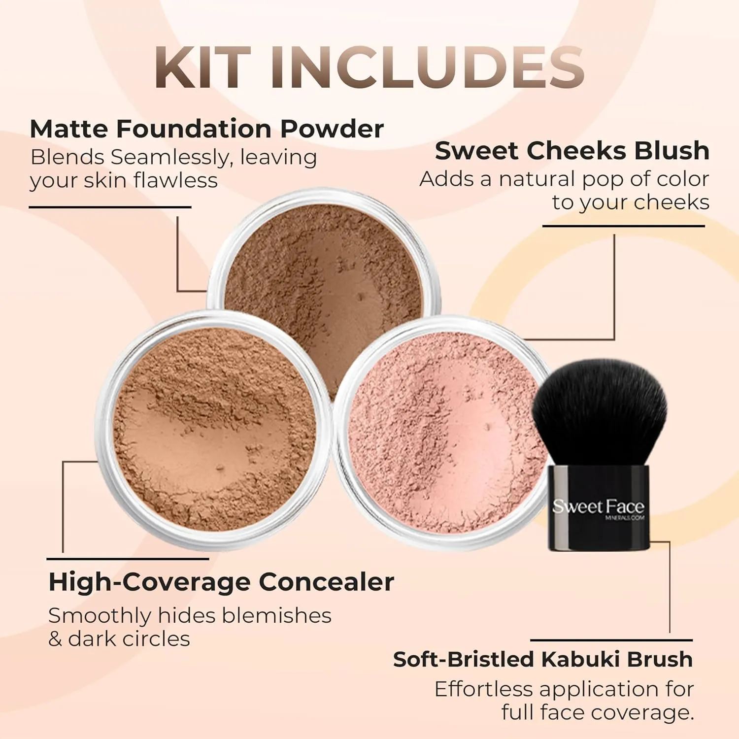 4pc (COCOA) KIT w/KABUKI BRUSH Mineral Makeup Matte Loose Powder Foundation Concealer Blush Long Lasting Bare Face Cosmetics