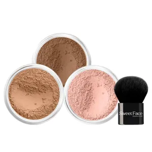 4pc (COCOA) KIT w/KABUKI BRUSH Mineral Makeup Matte Loose Powder Foundation Concealer Blush Long Lasting Bare Face Cosmetics