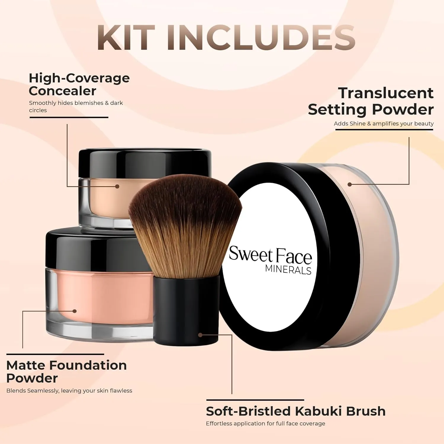 4pc Full Size Kit (Pink Bisque) Mineral Makeup Matte Translucent Loose Foundation   Kabuki Brush   Concealer   Finishing Setting Powder   Bare Face Full Coverage SPF 30 All Skin Types Waterproof
