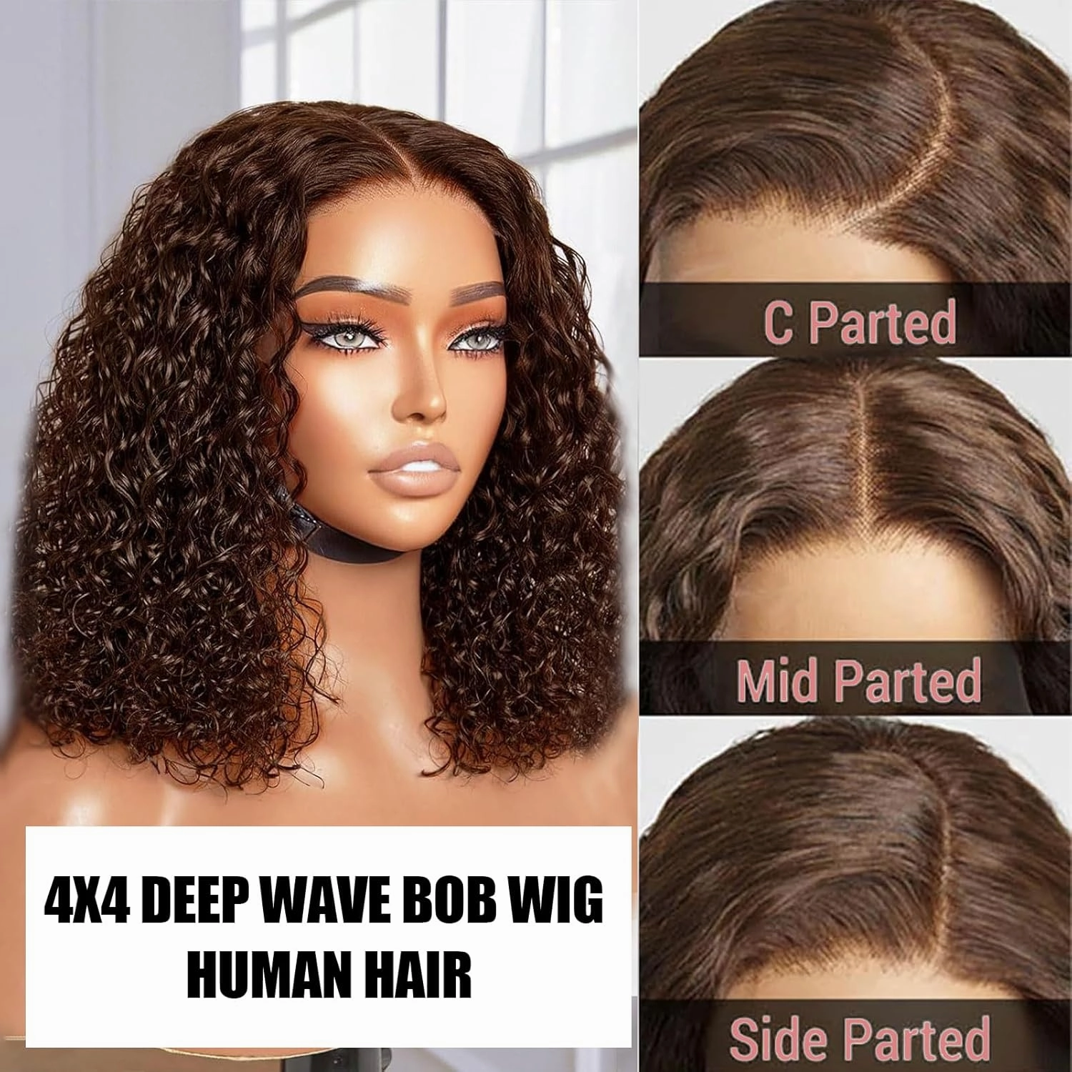 4X4 Short Brown Deep Wave Wig 14 Inch Bob Wig Human Hair Glueless Wigs Water Wave Chocolate Brown Deep Wave Wig Water Wave Lace Wig Human Hair for Women Human Hair Pre Plucked Pre Cut