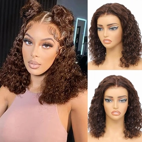 4X4 Short Brown Deep Wave Wig 14 Inch Bob Wig Human Hair Glueless Wigs Water Wave Chocolate Brown Deep Wave Wig Water Wave Lace Wig Human Hair for Women Human Hair Pre Plucked Pre Cut