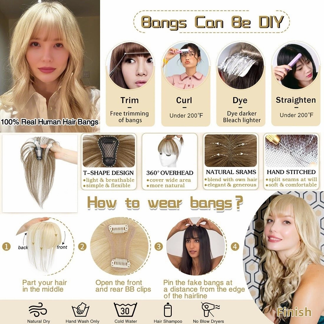 4x6cm Hand Made Lace Base Human Hair Toppers for Women with Thin Hair Clip in Wispy Bangs Extensions 8 inch Hairpiece Wiglet (Brown)