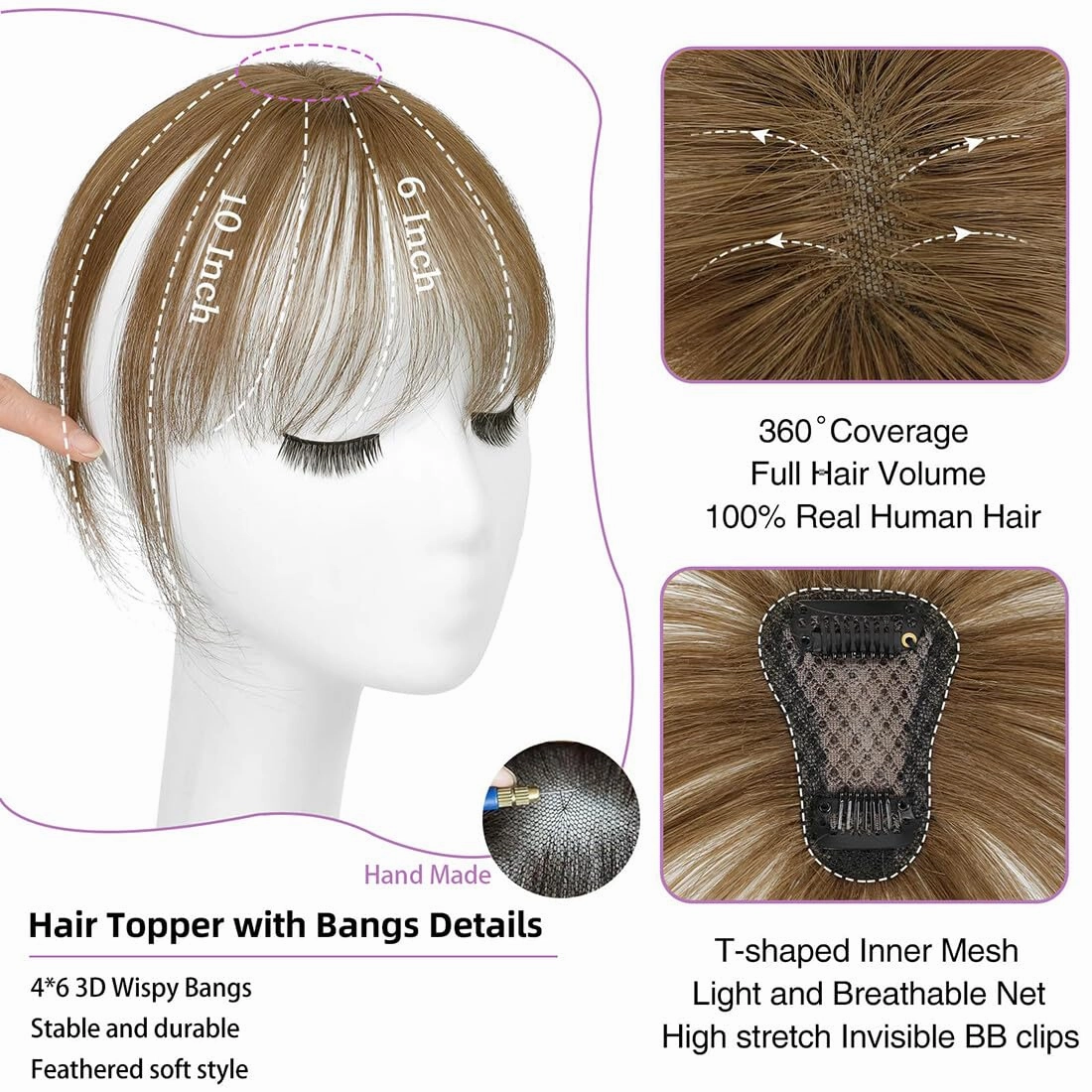 4x6cm Hand Made Lace Base Human Hair Toppers for Women with Thin Hair Clip in Wispy Bangs Extensions 8 inch Hairpiece Wiglet (Brown)