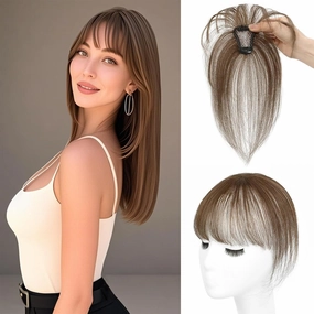 4x6cm Hand Made Lace Base Human Hair Toppers for Women with Thin Hair Clip in Wispy Bangs Extensions 8 inch Hairpiece Wiglet (Brown)