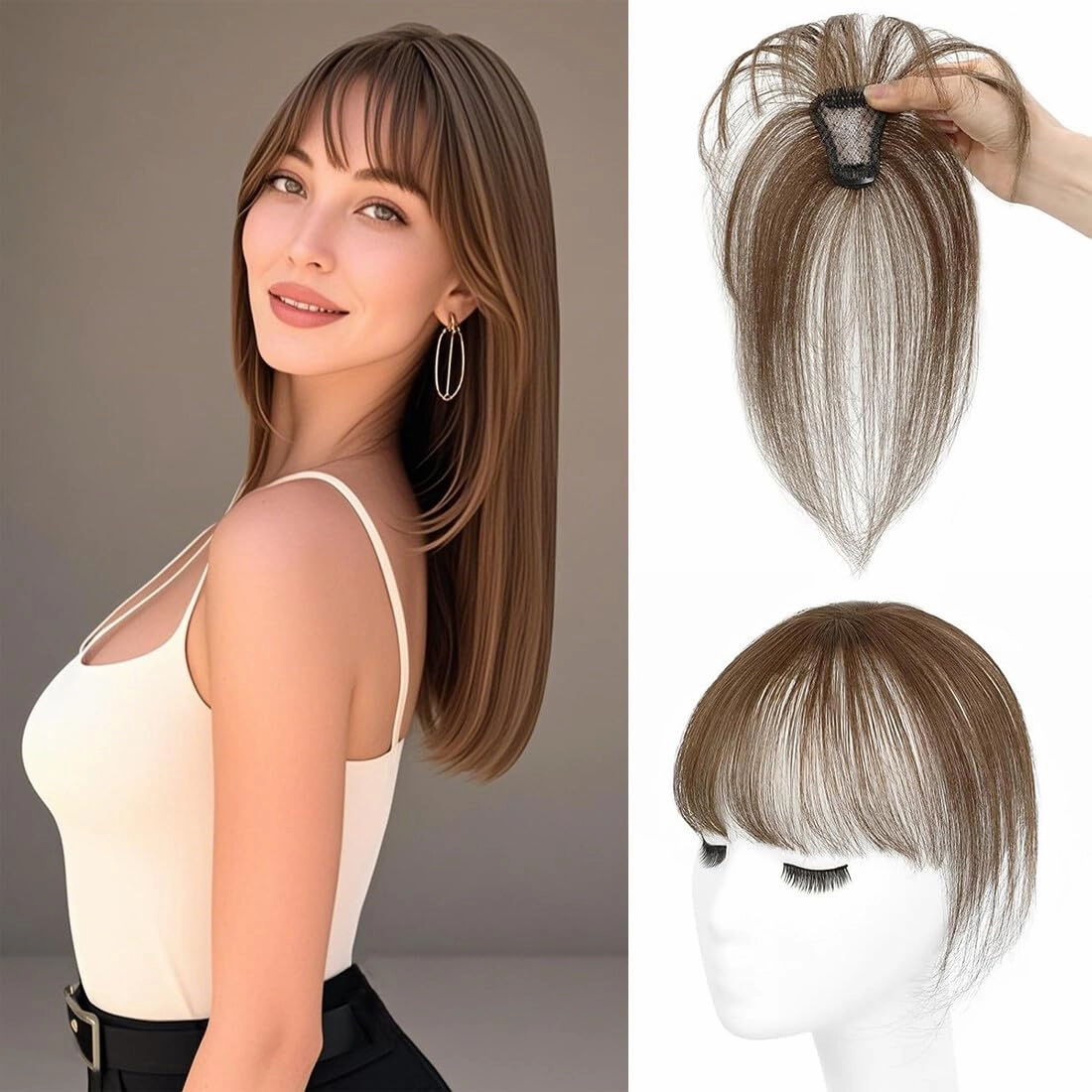 4x6cm Hand Made Lace Base Human Hair Toppers for Women with Thin Hair Clip in Wispy Bangs Extensions 8 inch Hairpiece Wiglet (Brown)