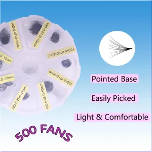 500 Wispy Premade fans 10D 0.07 Mixed Volume Eyelash Extensions Tray-20D Fans,D Curl Lash Fans, Pointed Handmade Loose Thin Base Fans (500 Count (Pack of 1), 20D 0.07 8-15mm)