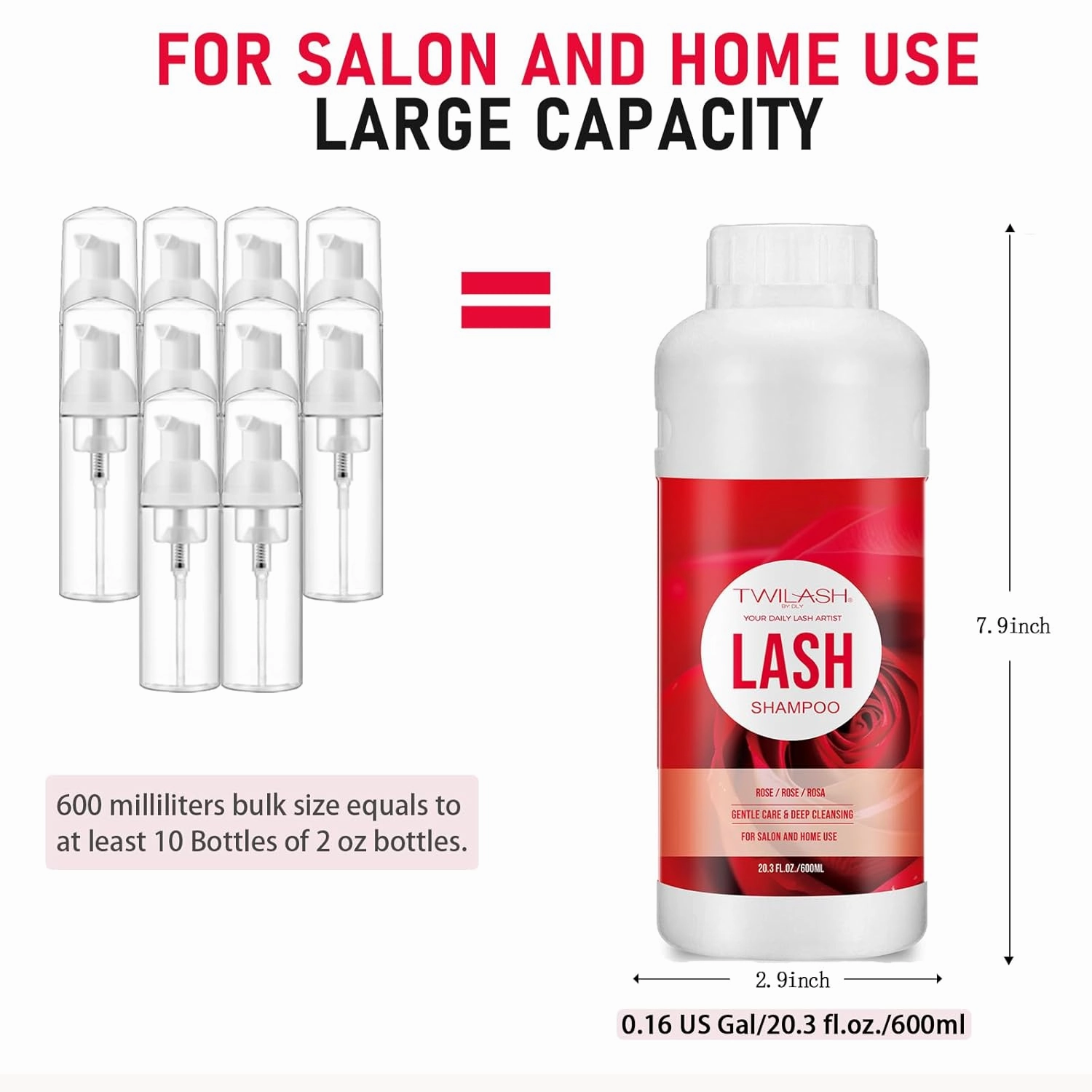 600ml Lash Shampoo Bulk, Eyelash Cleanser for Extensions, Safe Makeup Remover, Non-irritating or Burning Formula Eyelid Foaming Cleanser Best for Professional Salon and Home Use (Rose)