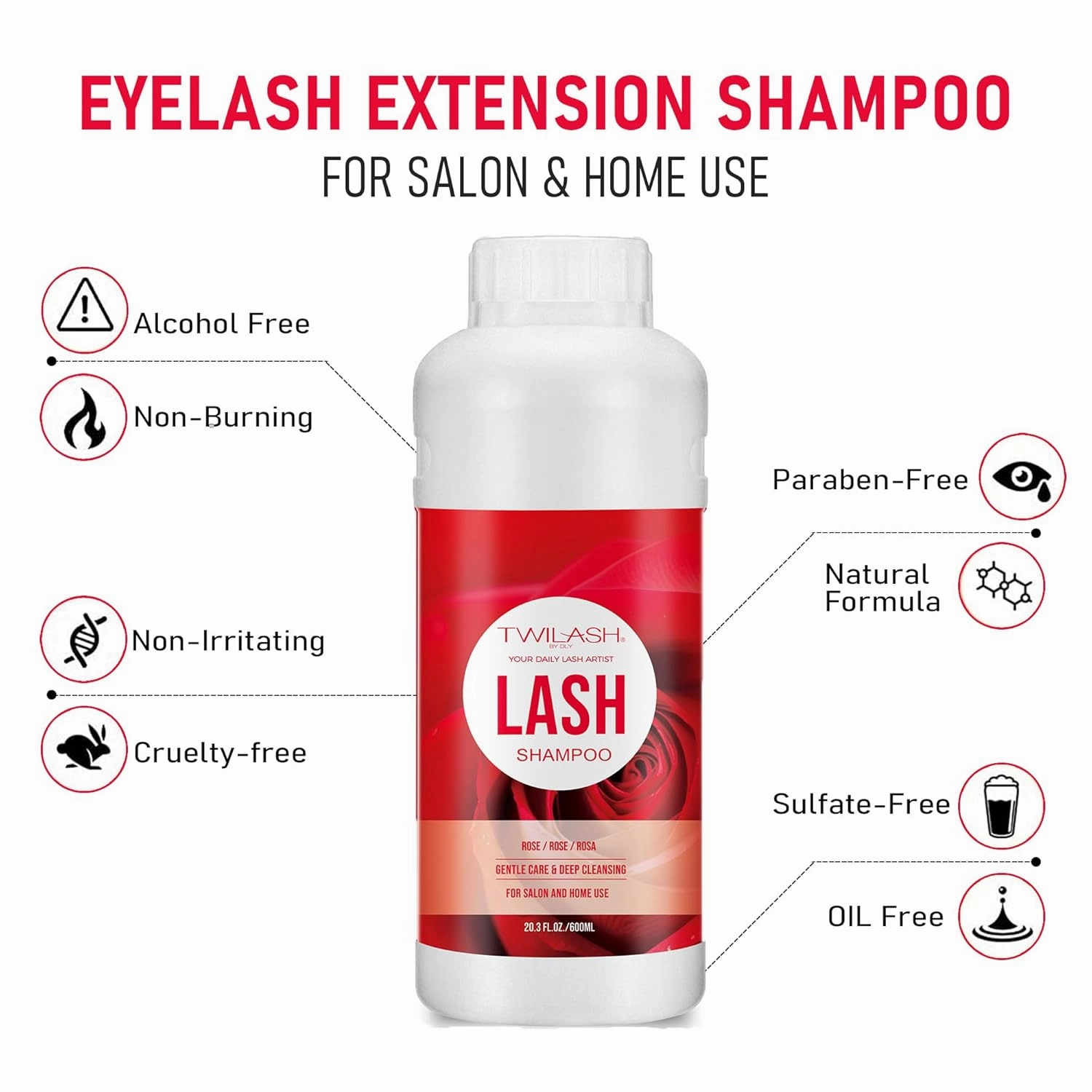 600ml Lash Shampoo Bulk, Eyelash Cleanser for Extensions, Safe Makeup Remover, Non-irritating or Burning Formula Eyelid Foaming Cleanser Best for Professional Salon and Home Use (Rose)