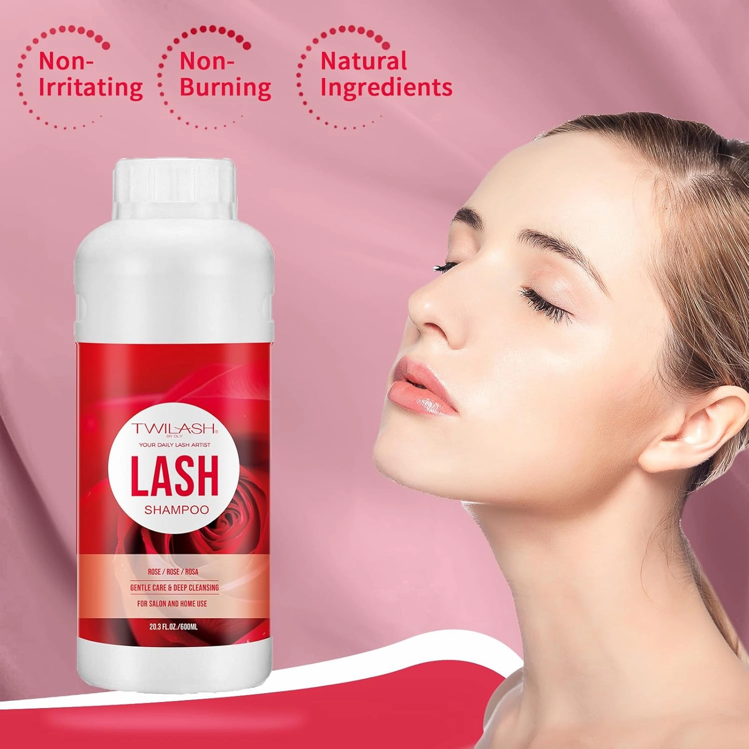 600ml Lash Shampoo Bulk, Eyelash Cleanser for Extensions, Safe Makeup Remover, Non-irritating or Burning Formula Eyelid Foaming Cleanser Best for Professional Salon and Home Use (Rose)